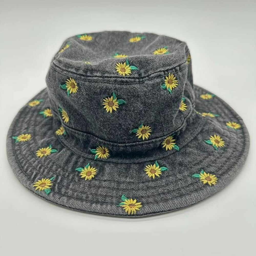 American Eagle Denim Bucket Hat Sunflower Embroidered Black Denim One Size - Picture 7 of 7